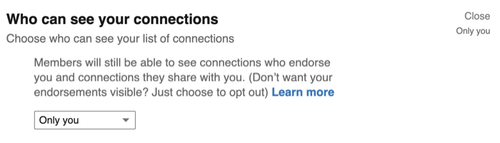 Opcja Kto może zobaczyć Twoje połączenia w ustawieniach prywatności LinkedIn