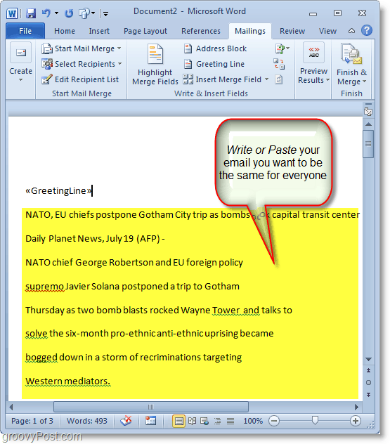 Zrzut ekranu programu Outlook 2010 — napisz zawartość swojej masowej wiadomości e-mail