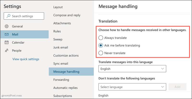 Ustawienia tłumaczenia w programie Outlook online