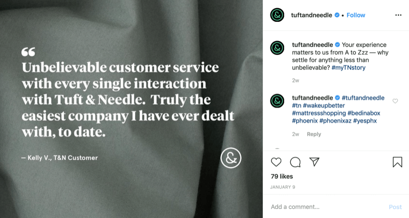 grafika oferty klienta z konta Tuft and Needle na Instagramie