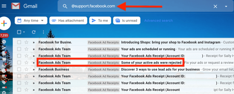 przykład filtra gmail dla @ support.facebook.com, aby wyodrębnić wszystkie powiadomienia e-mail o reklamach na Facebooku
