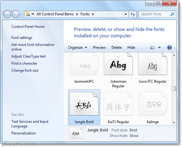 widok panelu sterowania czcionkami systemu Windows 7