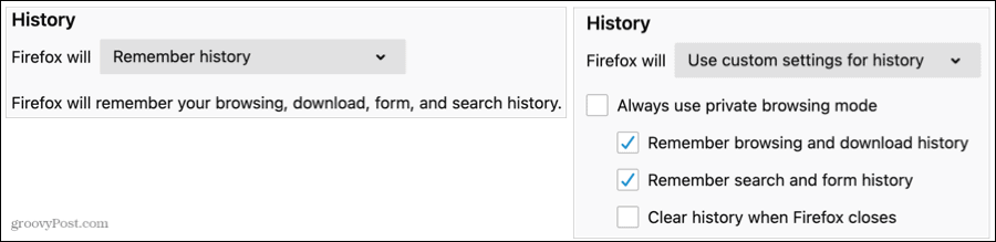 Ustawienia historii w przeglądarce Firefox