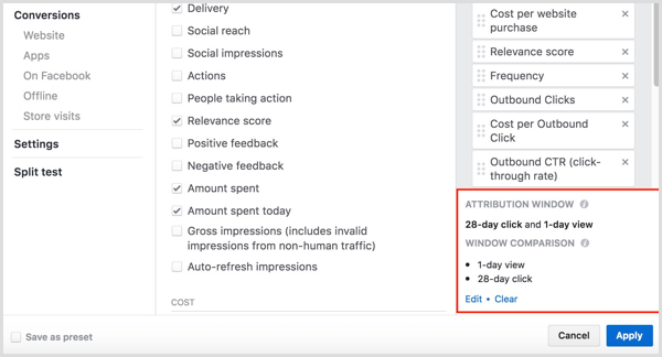 Menedżer reklam na Facebooku dostosuj kolumny, kliknij i zobacz konwersje