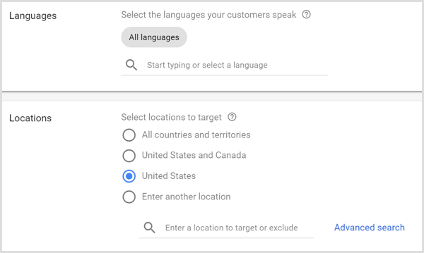 Ustawienia języków i lokalizacji dla kampanii Google AdWords.
