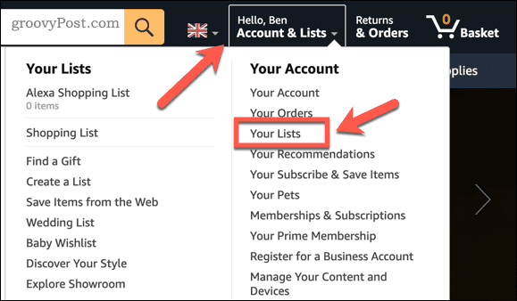 Otwieranie menu listy życzeń na Amazon