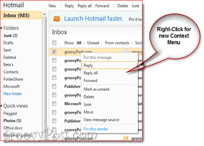 Hotmail Nowe menu kontekstowe Kliknij prawym przyciskiem myszy