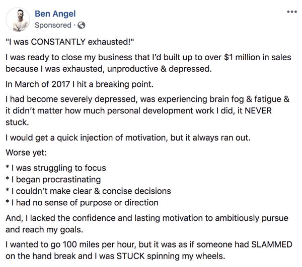 Jak pisać i organizować posty sponsorowane na Facebooku w dłuższej formie, krok 1, historie, przykład Bena Anioła