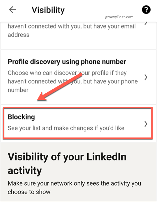 Menu ustawień zablokowanych użytkowników LinkedIn
