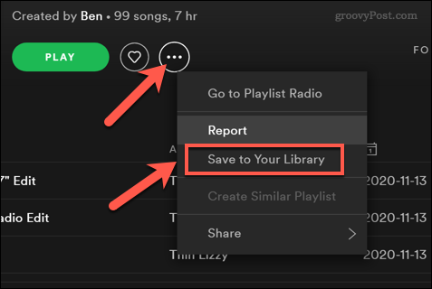 Zapisywanie listy odtwarzania Spotify w bibliotece użytkownika