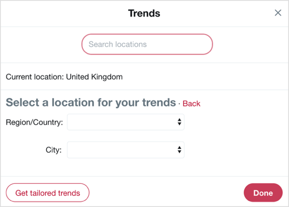 Wybierz kraj i miasto, na którym chcesz się skupić dzięki trendom na Twitterze.