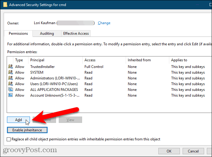 Kliknij przycisk Dodaj w oknie dialogowym Zaawansowane ustawienia zabezpieczeń w rejestrze systemu Windows