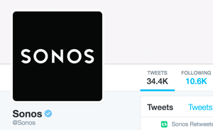 Konto Sonos na Twitterze jest zweryfikowane i wyświetla niebieską plakietkę zweryfikowaną na Twitterze.