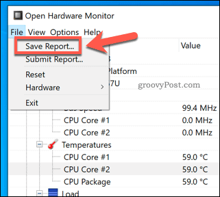 Zapisywanie raportu Open Hardware Monitor