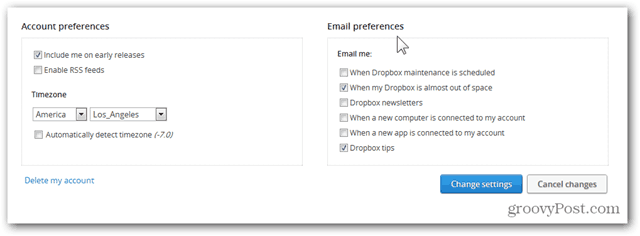 dropbox skonfiguruj preferencje e-mail