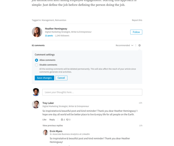 LinkedIn udostępnił wydawcom możliwość bezpośredniego zarządzania komentarzami do ich długich artykułów.