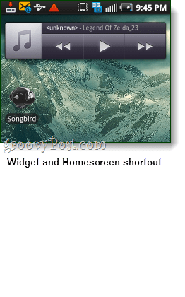 widget Android Songbird i zrzut ekranu skrótu