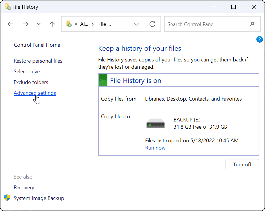 zaawansowana historia plików w systemie Windows 11