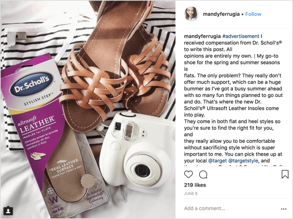Mandy Ferrugia, wpływowa postawa na Instagramie zajmująca się urodą i stylem życia, pomogła promować wkładki Dr.Scholl do mieszkań w tym sponsorowanym poście.