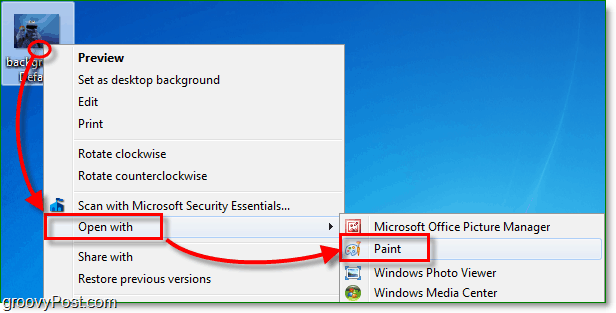kliknij prawym przyciskiem myszy obraz w Windows 7, a następnie wybierz Otwórz za pomocą farby
