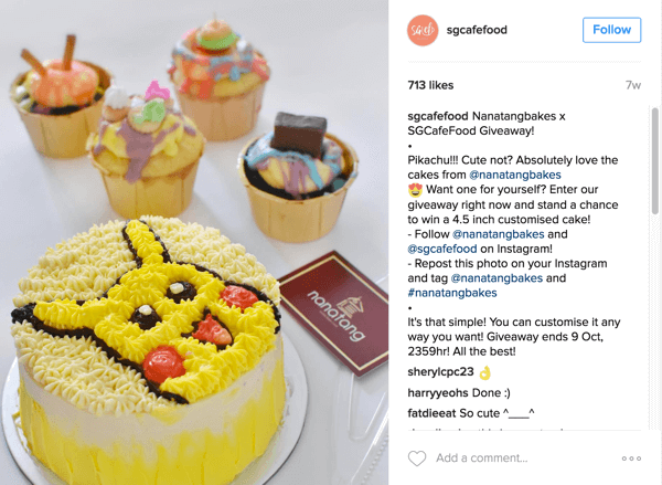 Singapurska kawiarnia Cafe Food promowała rozdanie Nanatang Bakes za pośrednictwem swojego konta na Instagramie.