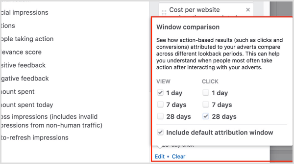 Porównanie okna atrybucji menedżera reklam na Facebooku