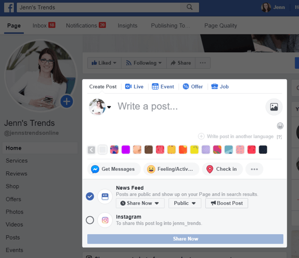 Jak wysłać post na Instagram z Facebooka na komputerze, krok 2, opcja wysłania posta na Instagram z posta na Facebooku