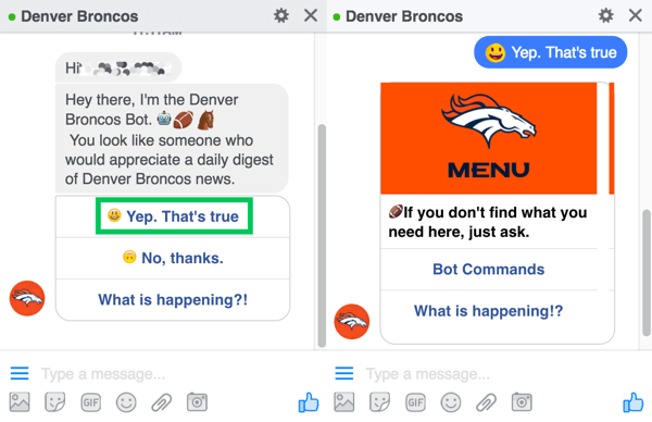 Chatbot Denver Broncos zachęca użytkowników do zarejestrowania się w celu codziennego podsumowania.