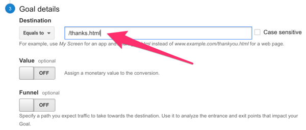 wprowadź docelowy adres URL dla celu skonfigurowanego w Google Analytics