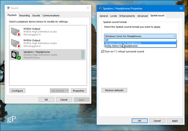 Ustawienie dźwięku przestrzennego w systemie Windows 10