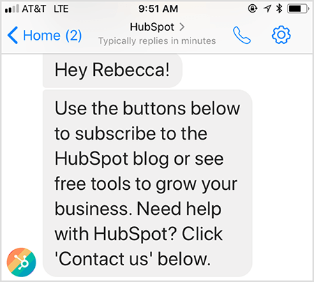 Wiadomość powitalna w chatbocie HubSpot umożliwia kontakt z człowiekiem.
