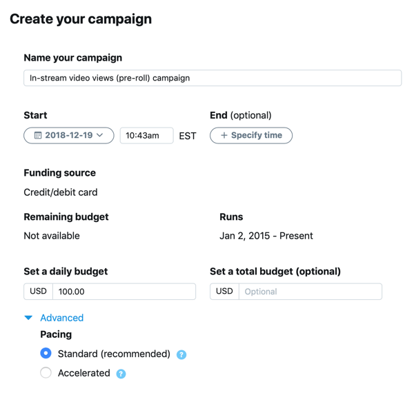 Przykładowe ustawienia kampanii dla Twojej reklamy na Twitterze typu Wyświetlenia wideo typu In-Stream (przed filmem).