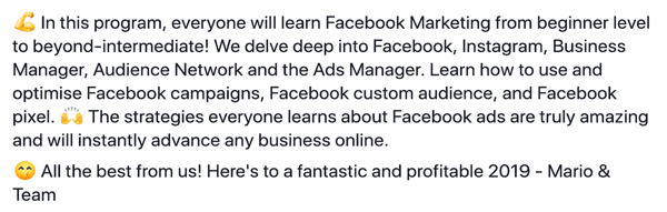 Jak pisać i porządkować dłuższe posty tekstowe sponsorowane przez Facebooka, krok 6, przykład wypowiedzi Damn Good Academy autorstwa Mario