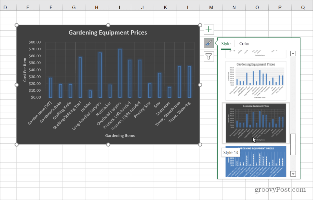 Style wykresów słupkowych Excel