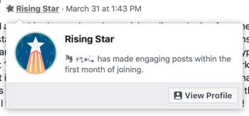 Jak korzystać z funkcji Grup dyskusyjnych na Facebooku, przykład odznaki grupy Wschodzącej Gwiazdy