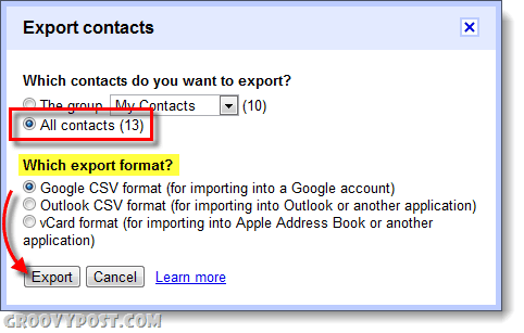 eksportuj typ kontaktów Gmail Gmail
