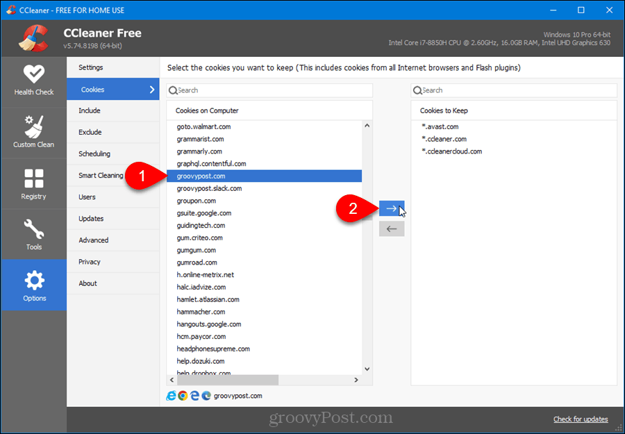 Wybierz, które pliki cookie mają być przechowywane w CCleaner