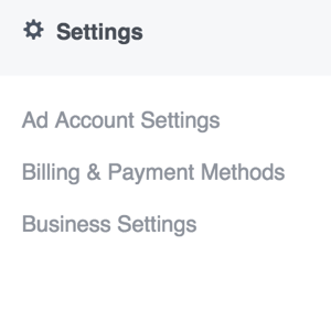 Aby zaktualizować ustawienia w Menedżerze reklam na Facebooku, otwórz menu główne i wybierz opcję w sekcji Ustawienia.