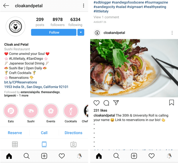 Post na Instagramie z wezwaniem do działania po kliknięciu przycisku @cloakandpetal.