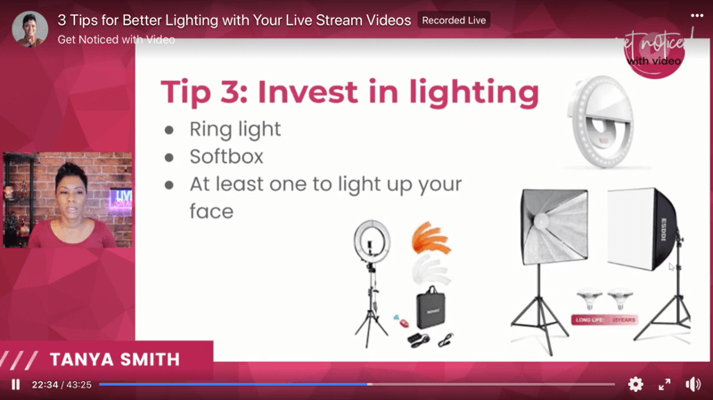 zrzut ekranu ze wskazówkami dotyczącymi oświetlenia wideo, aby ulepszyć transmisje na żywo