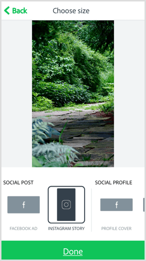 Wybierz rozmiar za pomocą aplikacji mobilnej Adobe Spark Post.