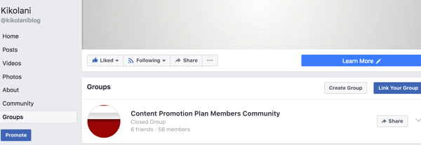 Twoja połączona grupa pojawi się na karcie Grupy Twojej strony na Facebooku.