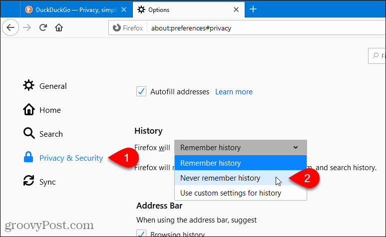 Wybierz Nigdy nie zapamiętuj historii w przeglądarce Firefox