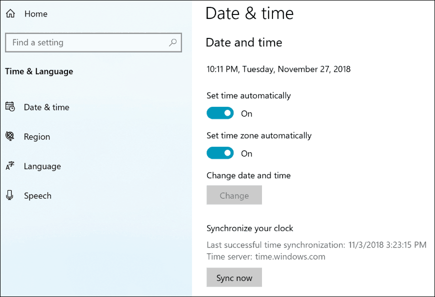 Ustawienia zegara synchronizacji 19H1 w systemie Windows 10