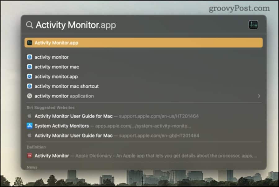 Otwórz Monitor aktywności za pomocą wyszukiwania Spotlight