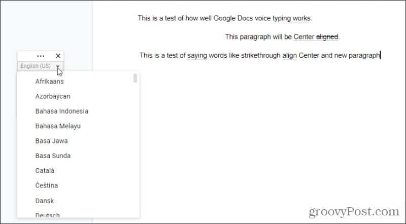 języki pisania głosowego w dokumentach Google