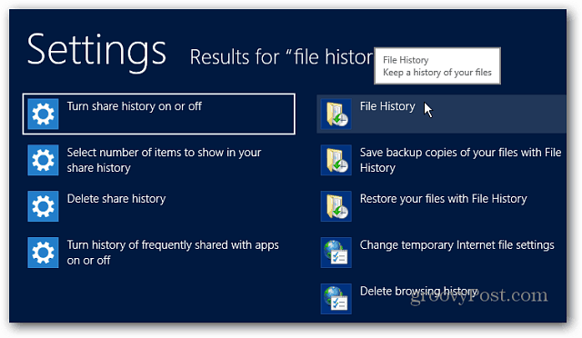 Ustawienia historii plików Wyszukaj w systemie Windows 8