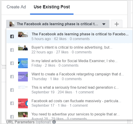 Kliknij strzałkę w dół i wybierz swój post z rozwijanego menu postów na Facebooku.