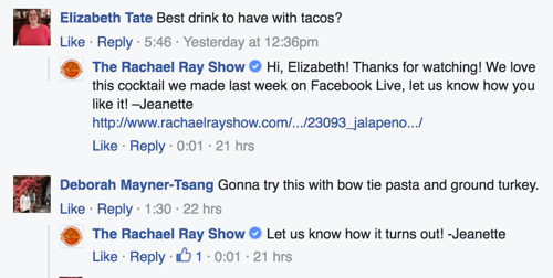 przykład odpowiedzi na komentarze Rachel ray show na Facebooku