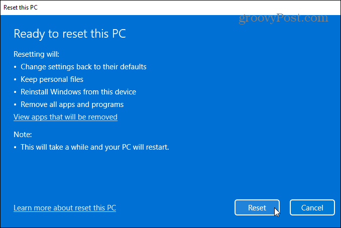 gotowy do zresetowania systemu Windows 11 PC